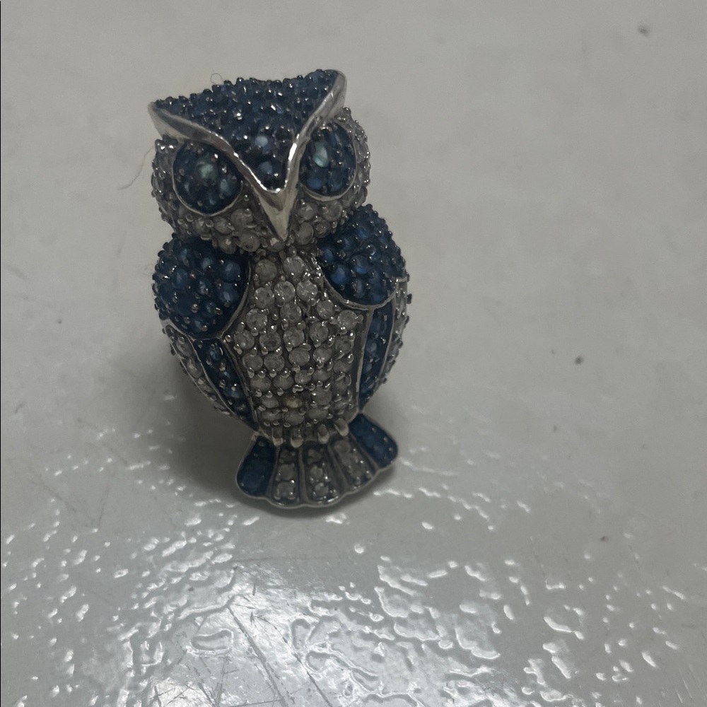 Size 7 silver ring , Blue Crystal Owl Pendant Necklace Charm - Women Jewelry